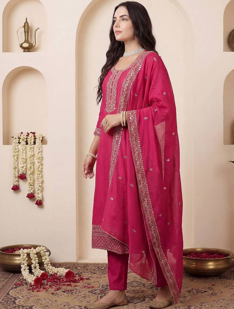 Women Ethnic Motifs Embroidered Regular Chanderi Cotton Kurta with Trousers & With Dupatta