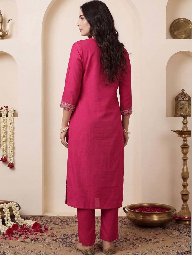 Women Ethnic Motifs Embroidered Regular Chanderi Cotton Kurta with Trousers & With Dupatta