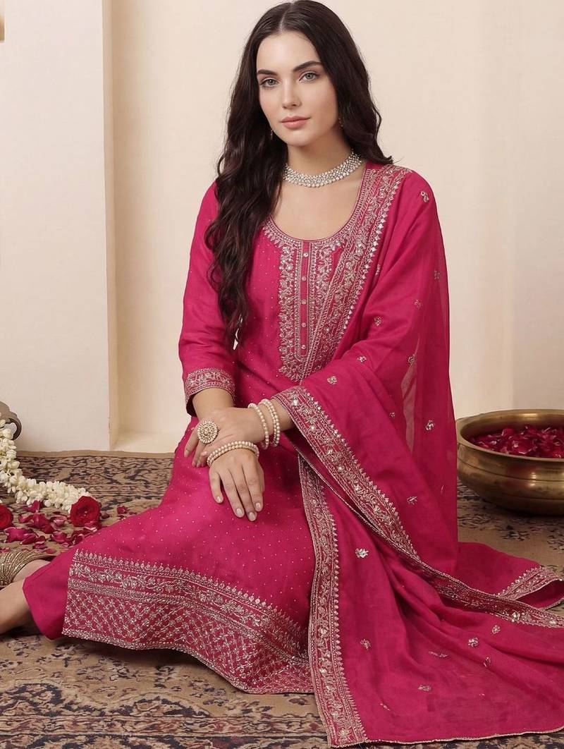 Women Ethnic Motifs Embroidered Regular Chanderi Cotton Kurta with Trousers & With Dupatta