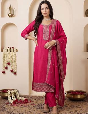 Women Ethnic Motifs Embroidered Regular Chanderi Cotton Kurta with Trousers & With Dupatta 6