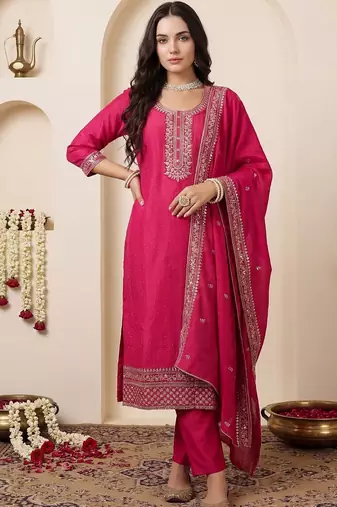 Women Ethnic Motifs Embroidered Regular Chanderi Cotton Kurta with Trousers & With Dupatta