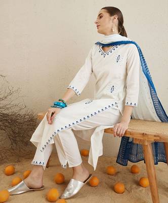 V Neck Ethnic Embroidered Pure Cotton Straight Kurta with Trouser & Dupatta 1