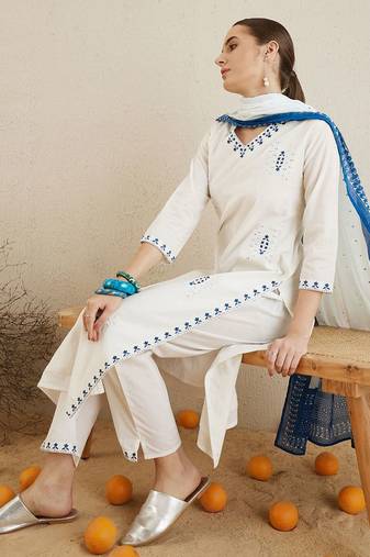 V Neck Ethnic Embroidered Cotton Straight Kurta with Trouser & Dupatta