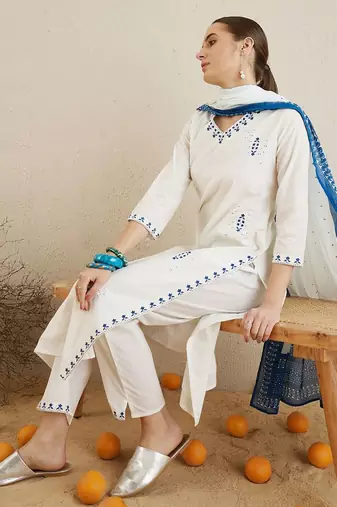 V Neck Ethnic Embroidered Pure Cotton Straight Kurta with Trouser & Dupatta