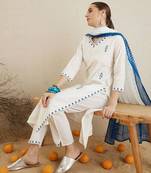 V Neck Ethnic Embroidered Pure Cotton Straight Kurta with Trouser & Dupatta