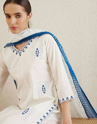 V Neck Ethnic Embroidered Pure Cotton Straight Kurta with Trouser & Dupatta 2