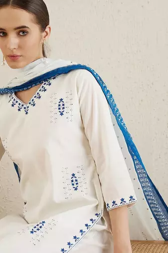 V Neck Ethnic Embroidered Pure Cotton Straight Kurta with Trouser & Dupatta