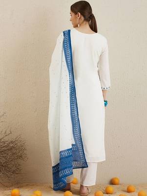 V Neck Ethnic Embroidered Pure Cotton Straight Kurta with Trouser & Dupatta 5