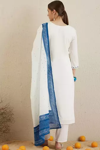V Neck Ethnic Embroidered Pure Cotton Straight Kurta with Trouser & Dupatta