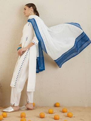 V Neck Ethnic Embroidered Pure Cotton Straight Kurta with Trouser & Dupatta 6