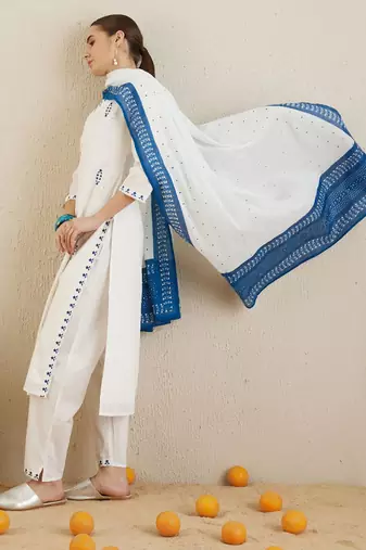 V Neck Ethnic Embroidered Pure Cotton Straight Kurta with Trouser & Dupatta