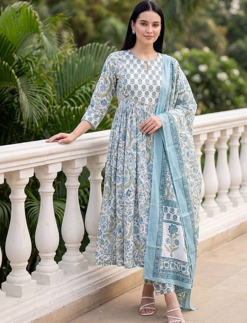 Women Floral Printed Empire  Cotton Kurta with Trousers & With Dupatta