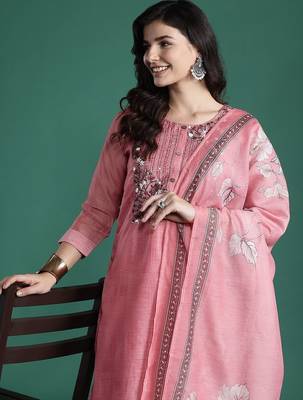 Floral Embroidered Thread Work Chanderi Silk Kurta with Trousers & With Dupatta 1