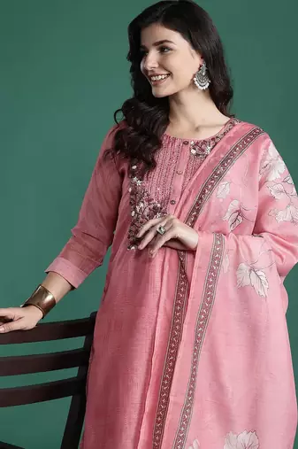Floral Embroidered Thread Work Chanderi Silk Kurta with Trousers & With Dupatta