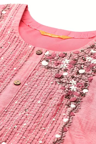 Floral Embroidered Thread Work Chanderi Silk Kurta with Trousers & With Dupatta