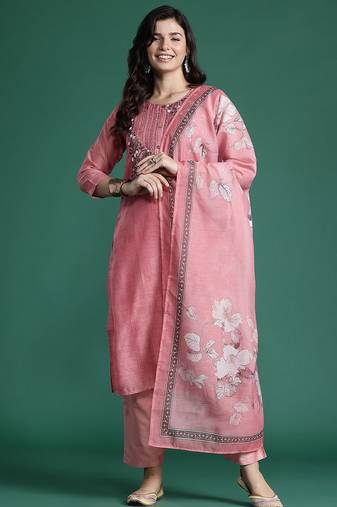 Floral Embroidered Thread Work Chanderi Silk Kurta with Trousers & With Dupatta