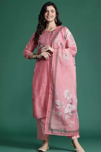 Floral Embroidered Thread Work Chanderi Silk Kurta with Trousers & With Dupatta