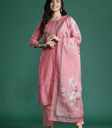 Floral Embroidered Thread Work Chanderi Silk Kurta with Trousers & With Dupatta