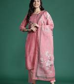Floral Embroidered Thread Work Chanderi Silk Kurta with Trousers & With Dupatta