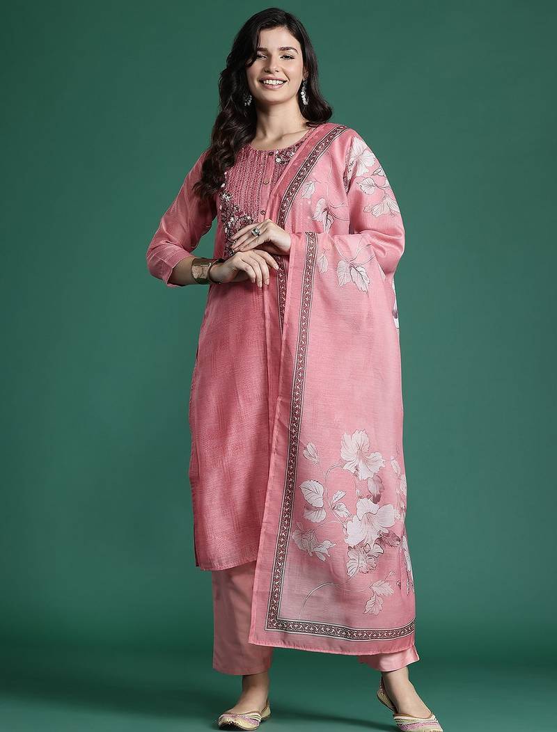 Floral Embroidered Thread Work Chanderi Silk Kurta with Trousers & With Dupatta