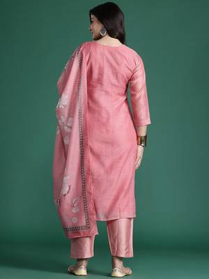 Floral Embroidered Thread Work Chanderi Silk Kurta with Trousers & With Dupatta 7