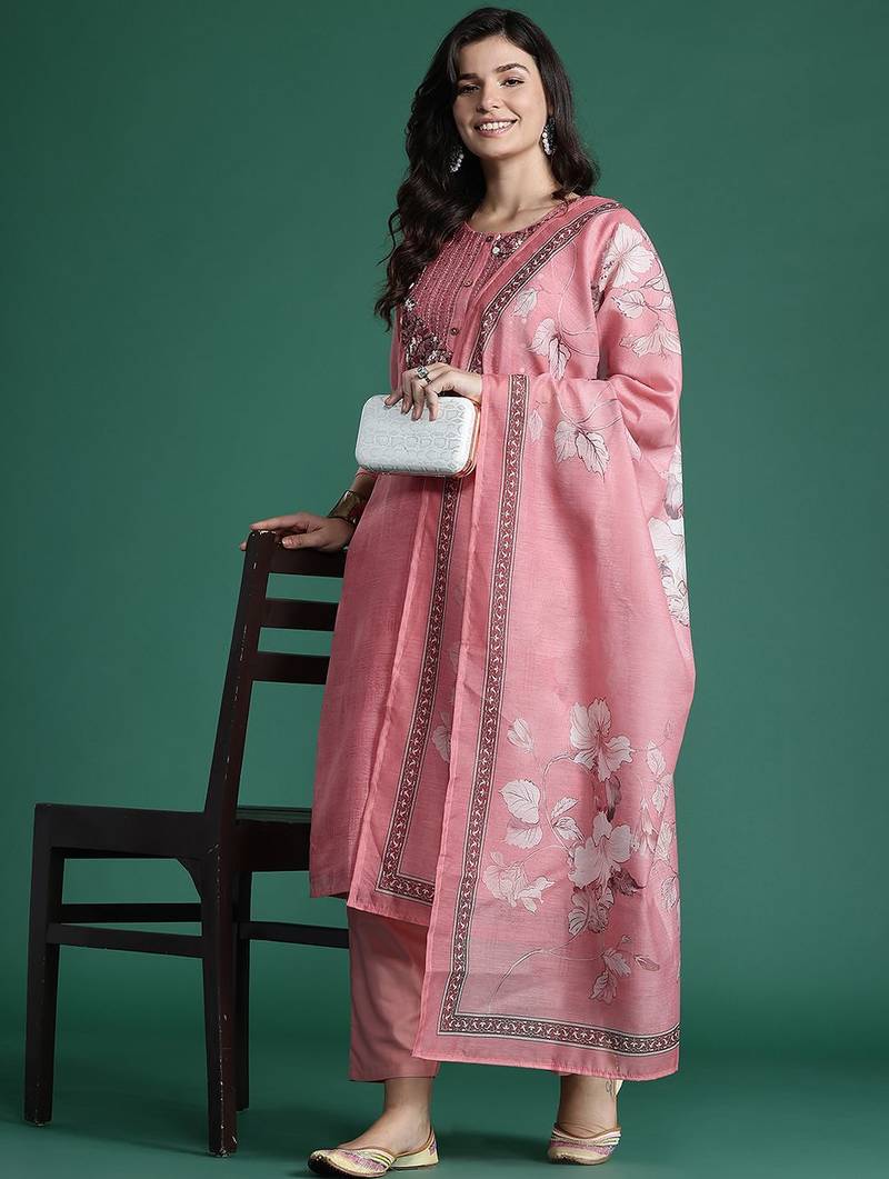 Floral Embroidered Thread Work Chanderi Silk Kurta with Trousers & With Dupatta