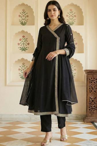 Women Ethnic Motifs Embroidered Angrakha Kurta with Trousers & With Dupatta