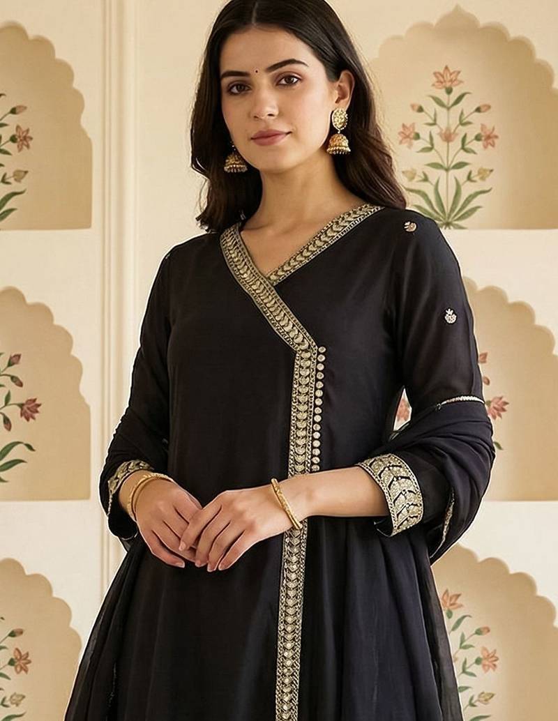 Women Ethnic Motifs Embroidered Angrakha Kurta with Trousers & With Dupatta