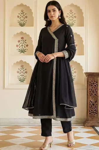 Women Ethnic Motifs Embroidered Angrakha Kurta with Trousers & With Dupatta
