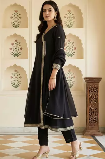 Women Ethnic Motifs Embroidered Angrakha Kurta with Trousers & With Dupatta
