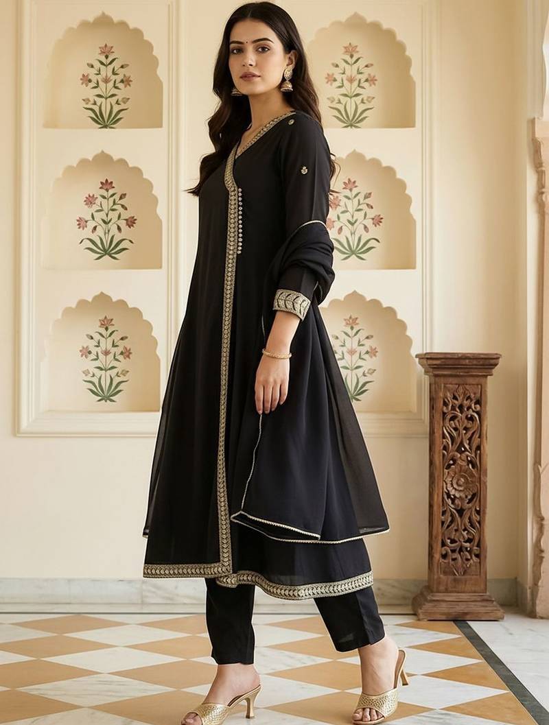 Women Ethnic Motifs Embroidered Angrakha Kurta with Trousers & With Dupatta