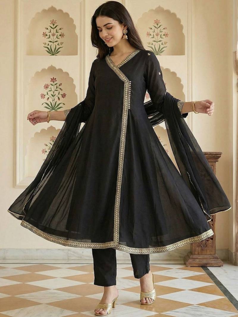 Women Ethnic Motifs Embroidered Angrakha Kurta with Trousers & With Dupatta
