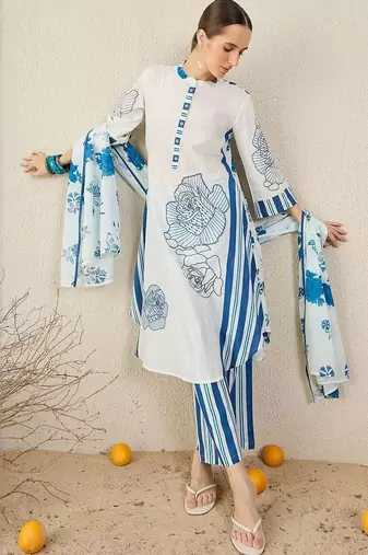 Women Floral Printed Cotton A-Line Kurta with Trousers & Dupatta