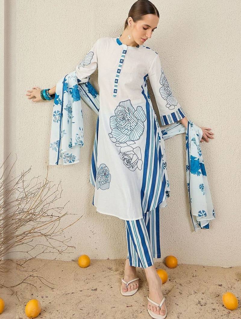 Women Floral Printed Cotton A-Line Kurta with Trousers & Dupatta