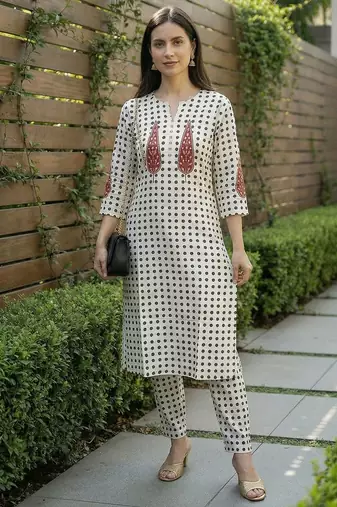 Women Printed Regular Beads and Stones  Cotton Kurta with Trousers