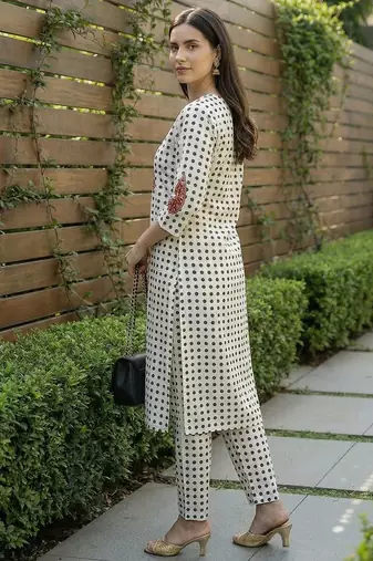 Women Printed Regular Beads and Stones  Cotton Kurta with Trousers