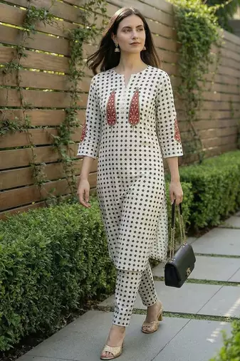 Women Printed Regular Beads and Stones  Cotton Kurta with Trousers