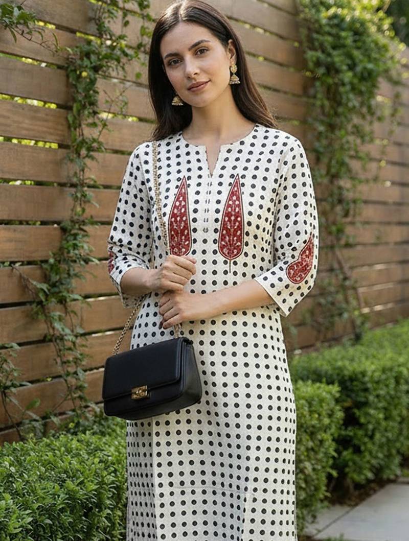 Women Printed Regular Beads and Stones  Cotton Kurta with Trousers