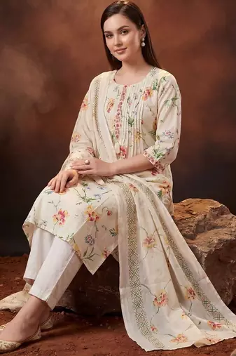 Women Floral Printed Pleated Thread Work Pure Cotton Kurta with Trousers & With Dupatta