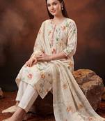 Women Floral Printed Pleated Thread Work  Cotton Kurta with Trousers & With Dupatta