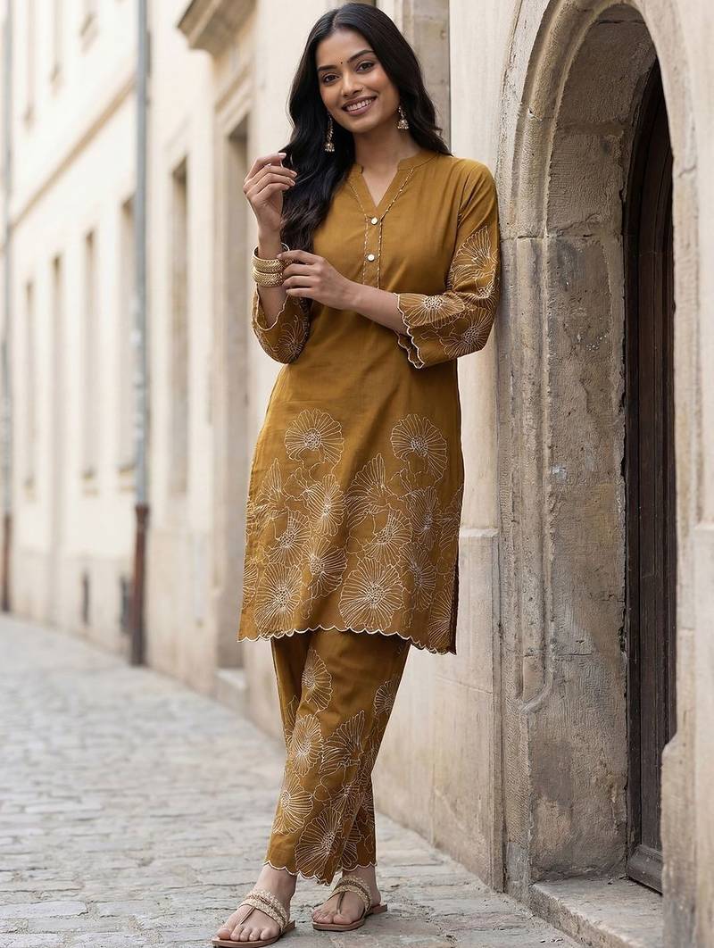 Women Floral Embroidered Regular Thread Work  Cotton Kurta with Trousers
