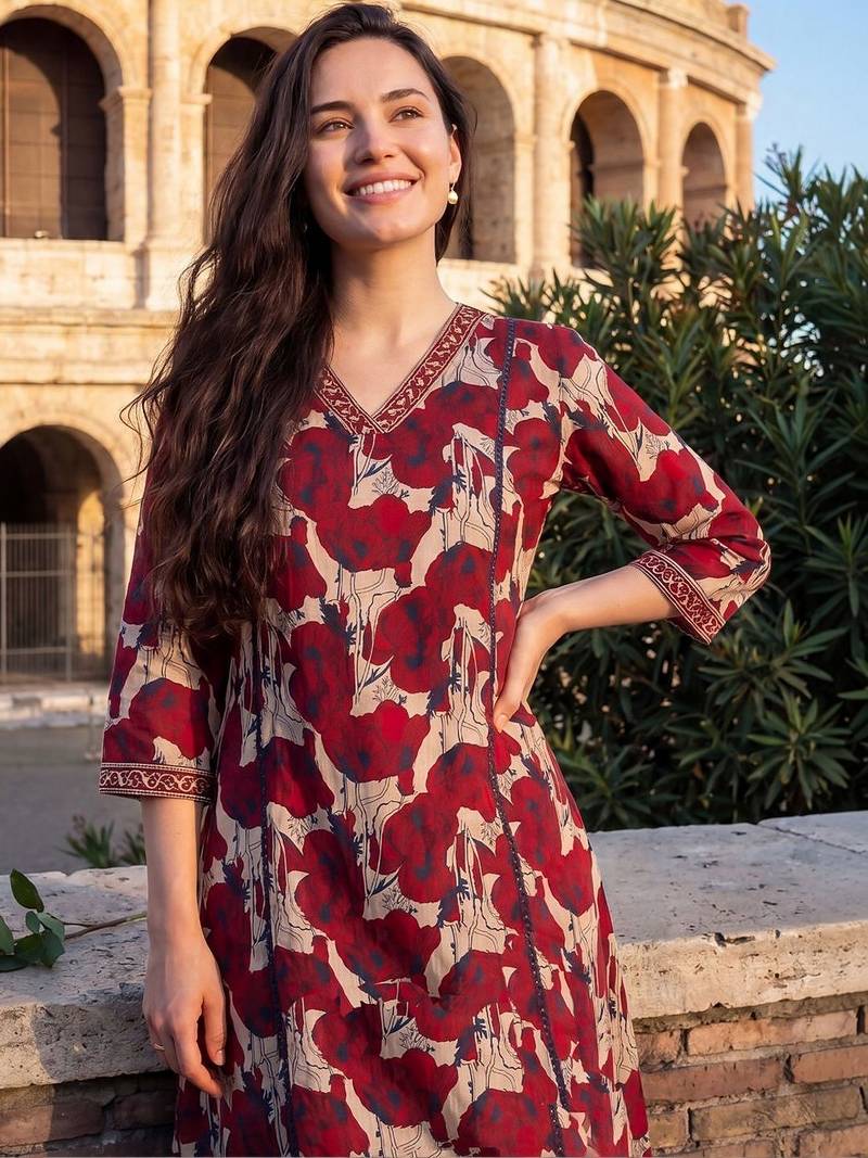 Women Floral Printed Regular  Cotton Kurta with Trousers