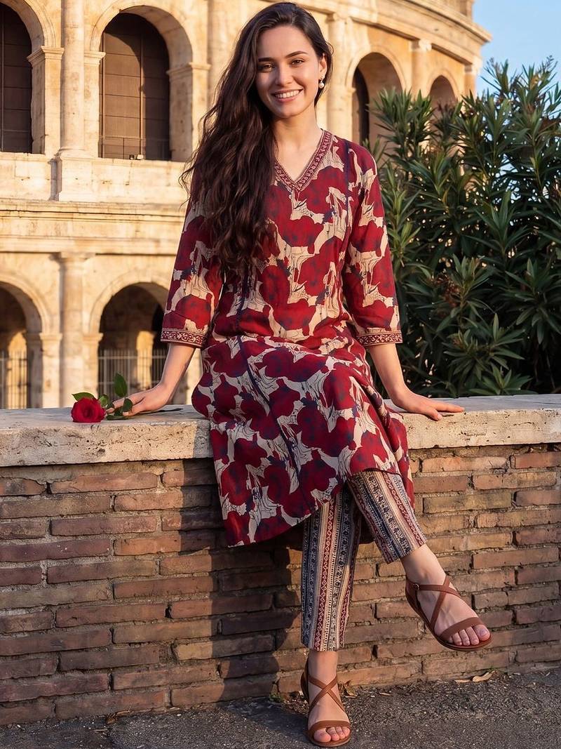 Women Floral Printed Regular  Cotton Kurta with Trousers