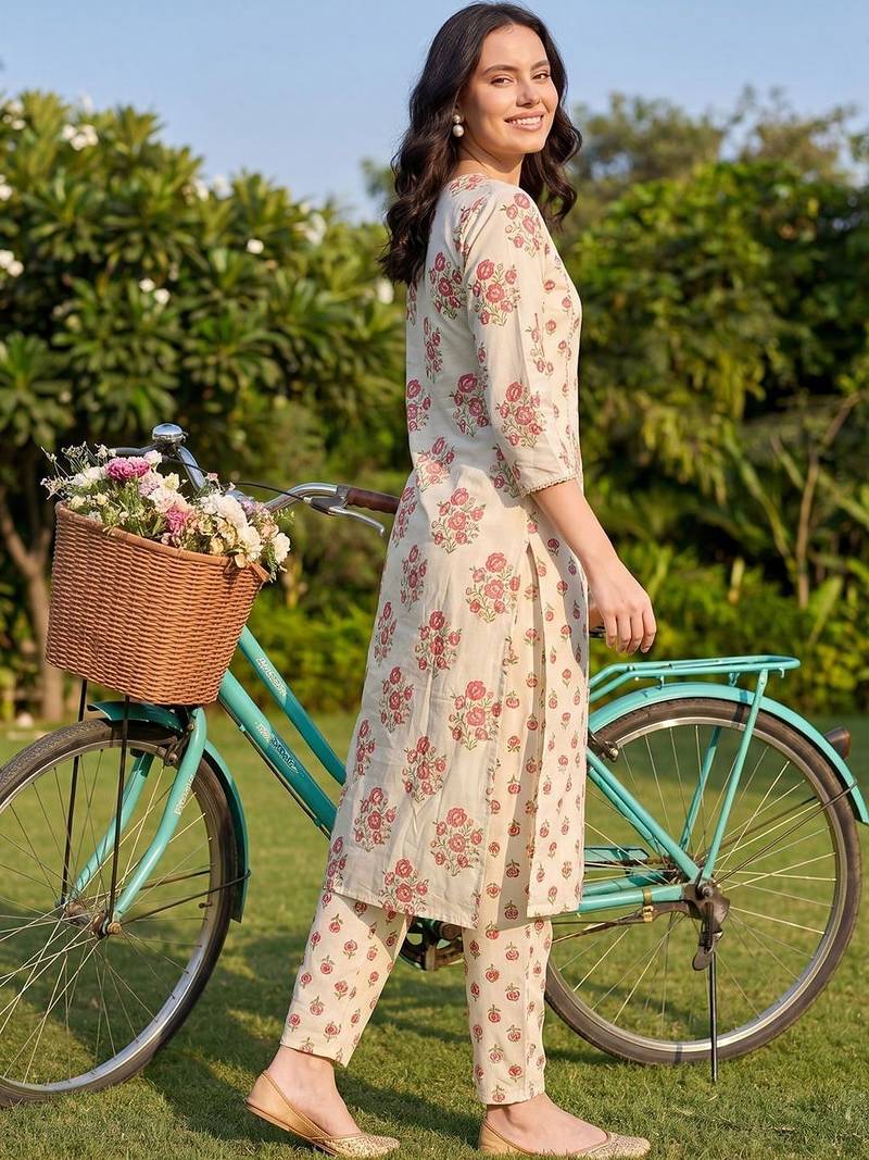 Women Floral Printed Regular  Cotton Kurta with Trousers