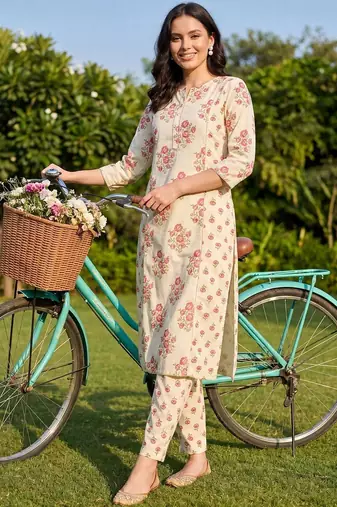 Women Floral Printed Regular  Cotton Kurta with Trousers