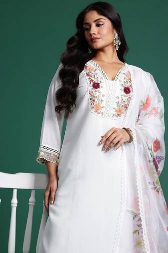 Plus Size White Embroidered Straight Kurta Trousers With Dupatta Set