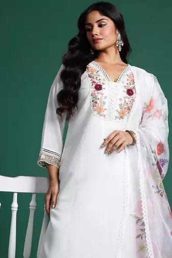 Plus Size White Embroidered Straight Kurta Trousers With Dupatta Set