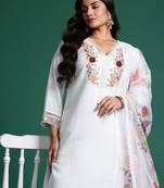 Plus Size White Embroidered Straight Kurta Trousers With Dupatta Set