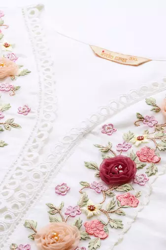 Plus Size White Embroidered Straight Kurta Trousers With Dupatta Set