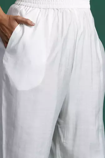 Plus Size White Embroidered Straight Kurta Trousers With Dupatta Set